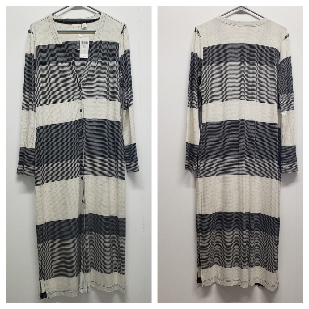 Chico's Zinergy Retreat Stripe Duster Long Cardigan Size M Gray Combo Layer Boho